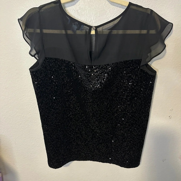 CeCe by Cynthia Steffe Black Sequin Flutter Festive Party Top Blouse Sz Small - Picture 8 of 8
